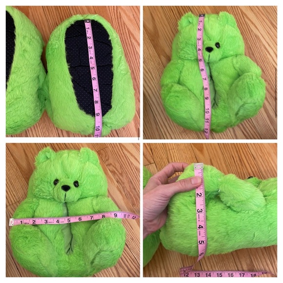 Fuzzy Stuffed Teddy Bear Slippers, Set of Two Pairs: Green & Yellow, sz M - Picture 11 of 11
